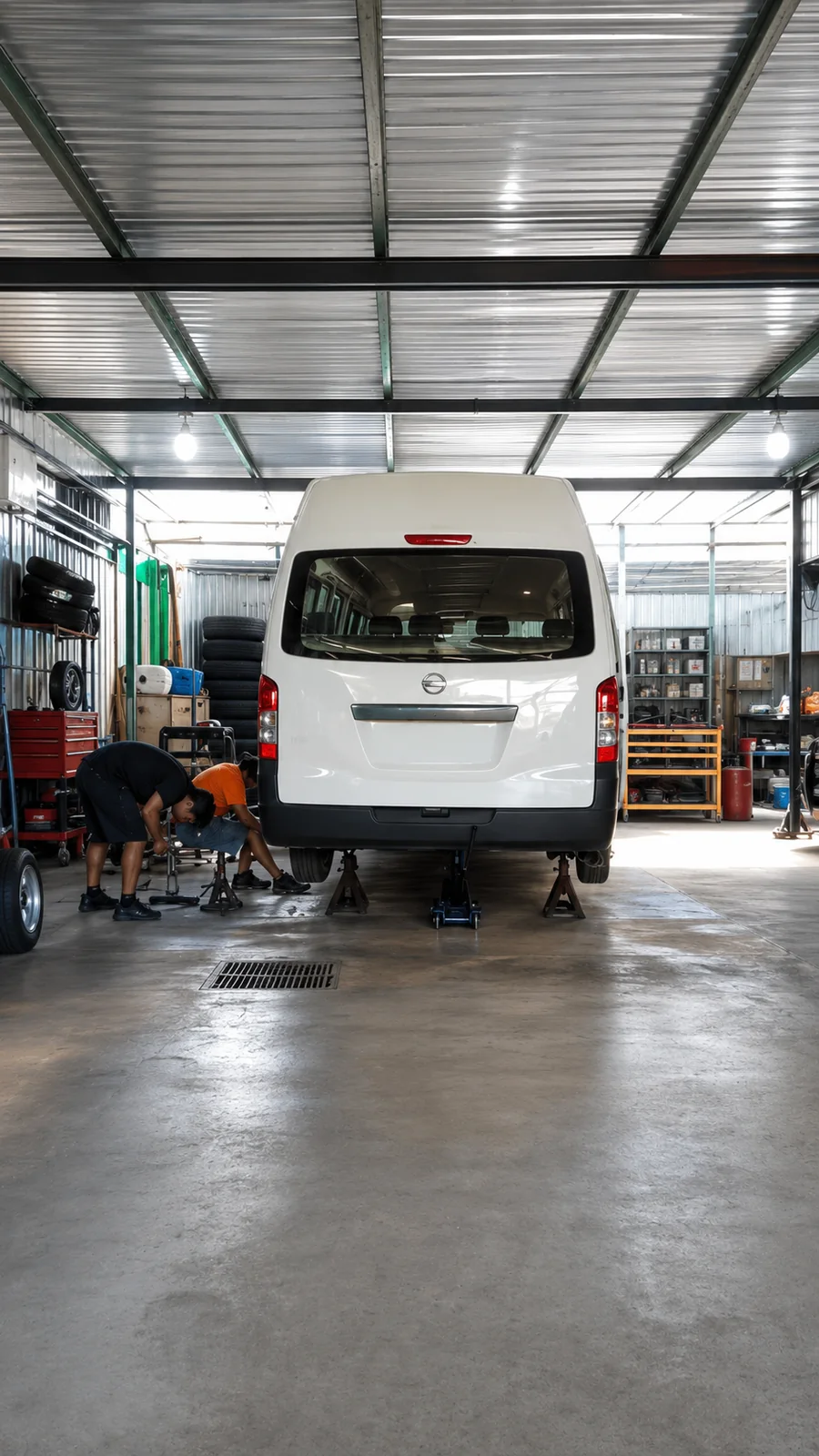 Servicio mecánico a camioneta tipo Urvan dentro del taller